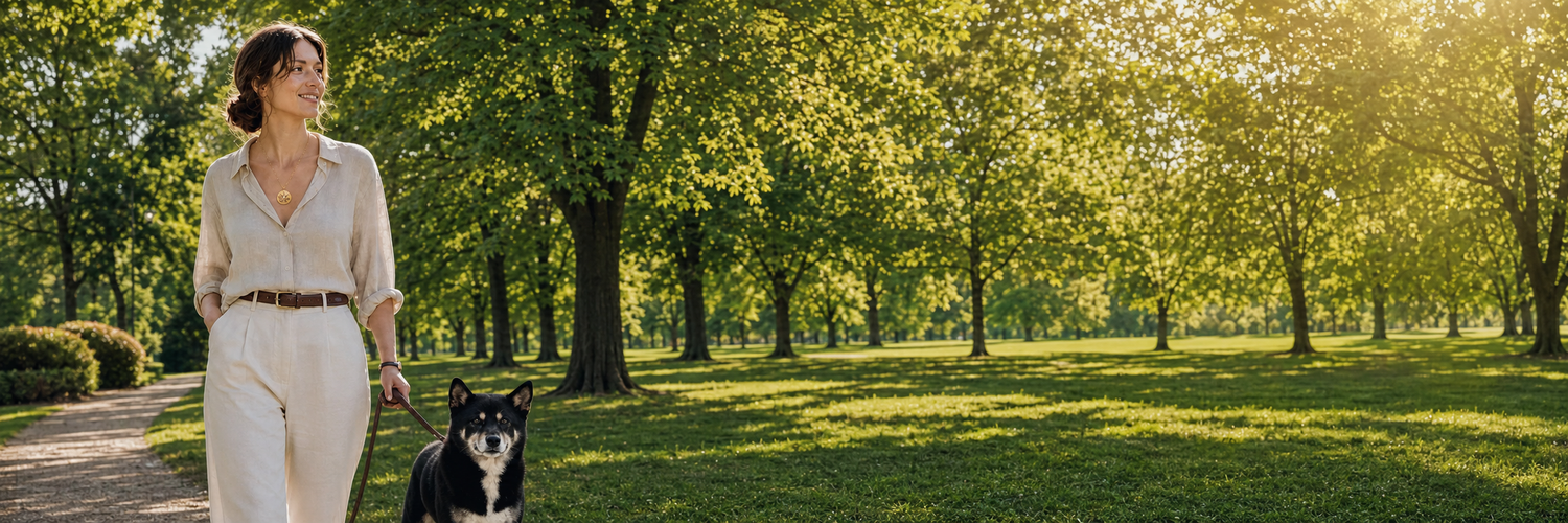 Woman walking with her dog in a sunlit park, wearing a JaneForYou memory locket
