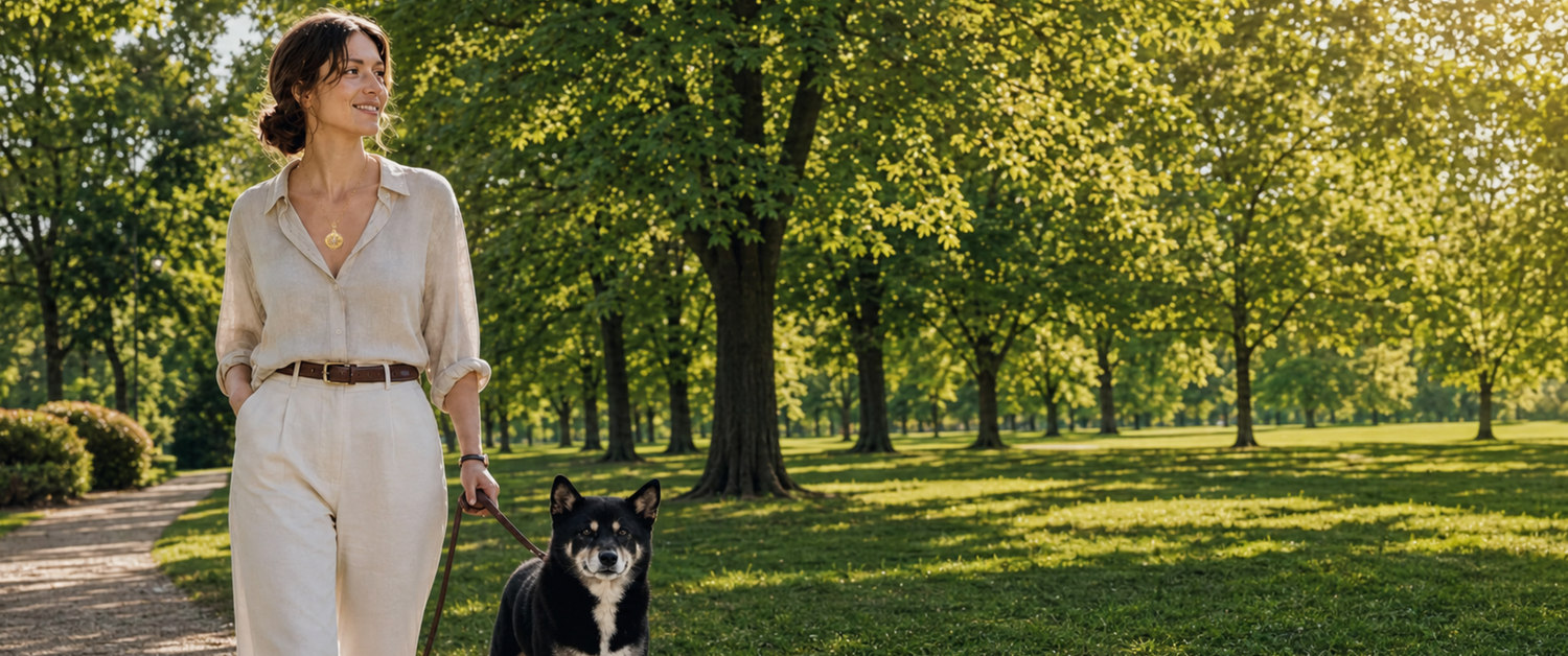 Woman wearing a JaneForYou memory locket walking her dog in a sunlit park.