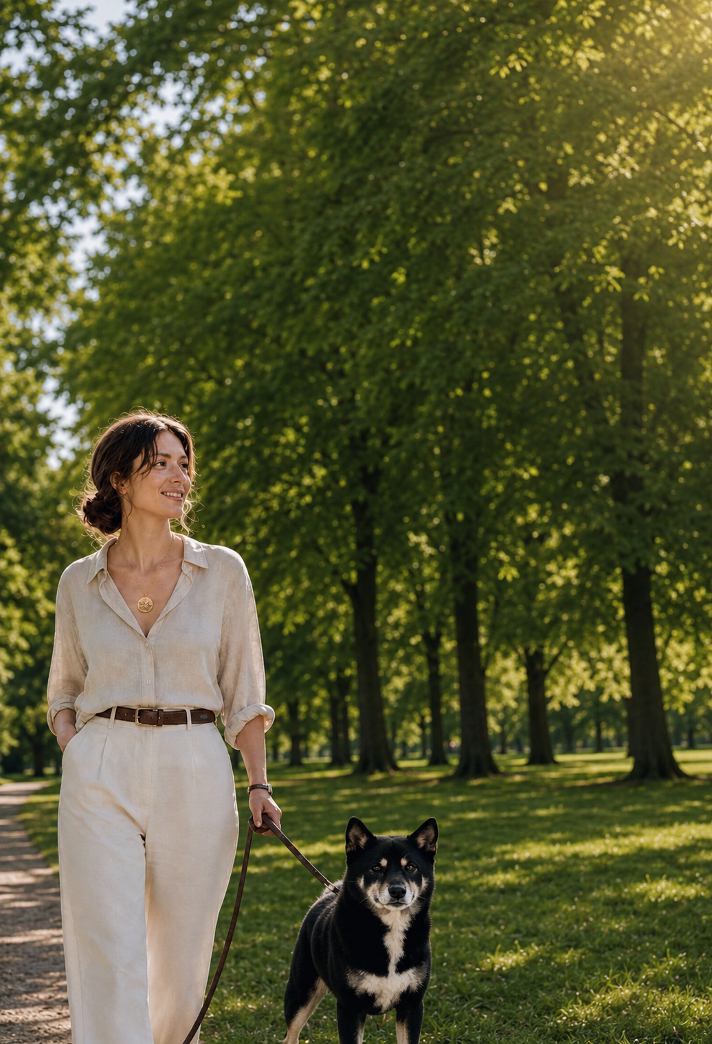 Woman walking with her dog in a sunlit park, wearing a JaneForYou memory locket