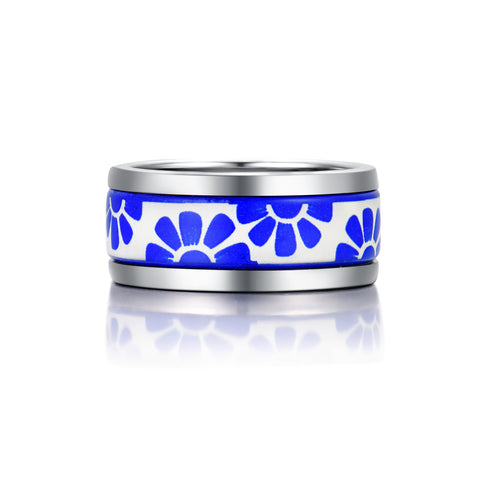 Fire  Enamel  White And Blue Pattern Ring